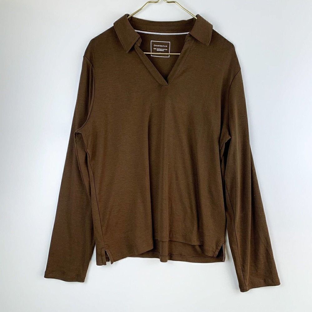 Charter Club Supima Cotton Womens XL V-Neck Tunic Brown Long Sleeve Stretch